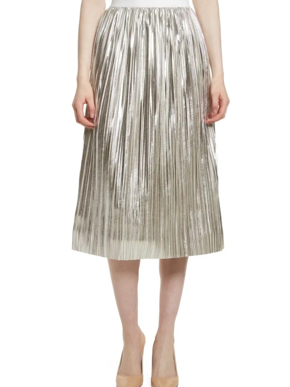 Alice + Olivia Metallic Silver Pleated Midi Skirt /sz.2
